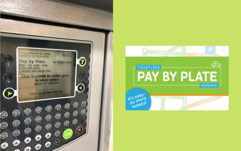 Pay by Plate parking meter and Pay by Plate logo