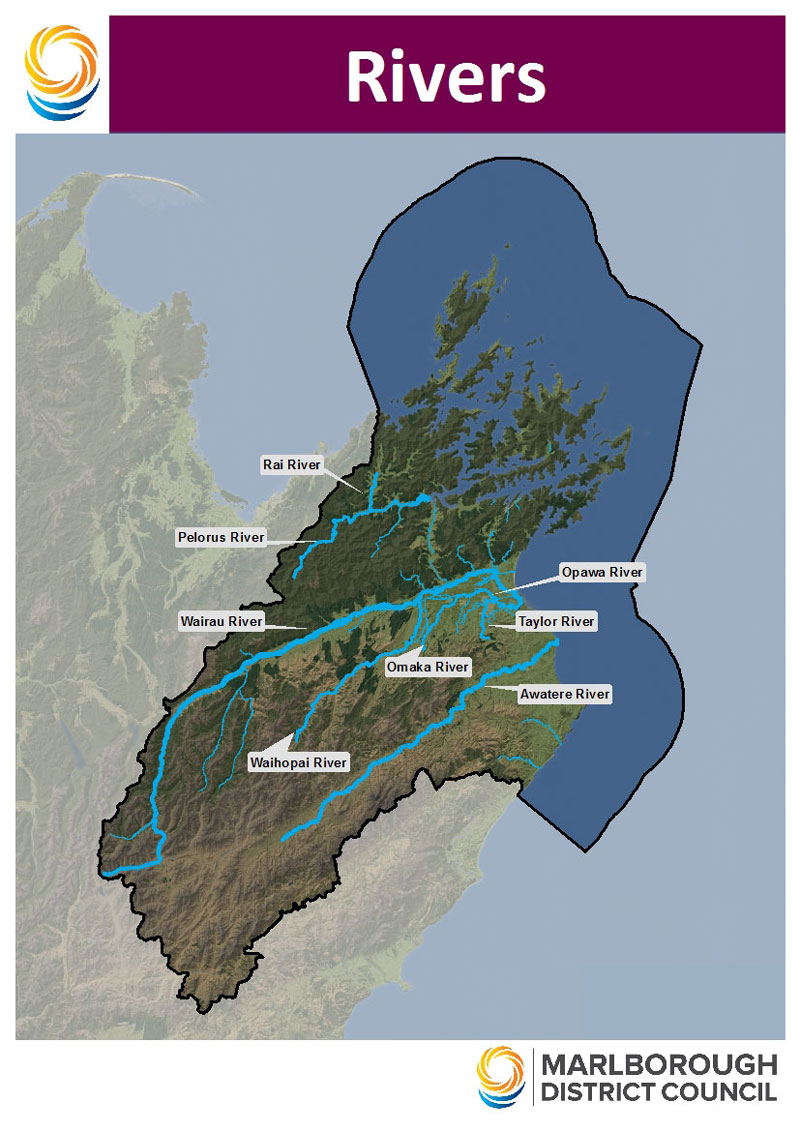 Image of map showing the major river systems in Marlborough: Te Hoiere/Pelorus, Wairau and Awatere.