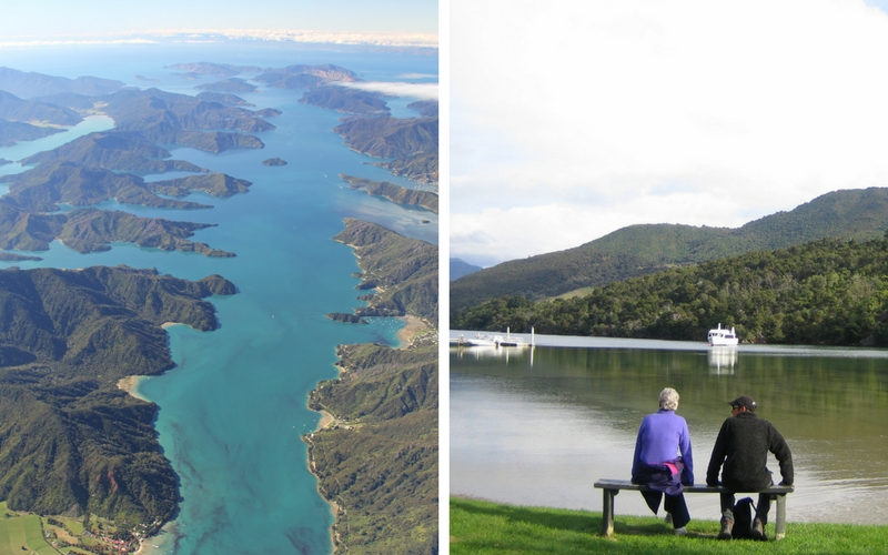 A view down the Marlborough Sounds (L).  People sitting on a bench enjoying the bay view (R).
